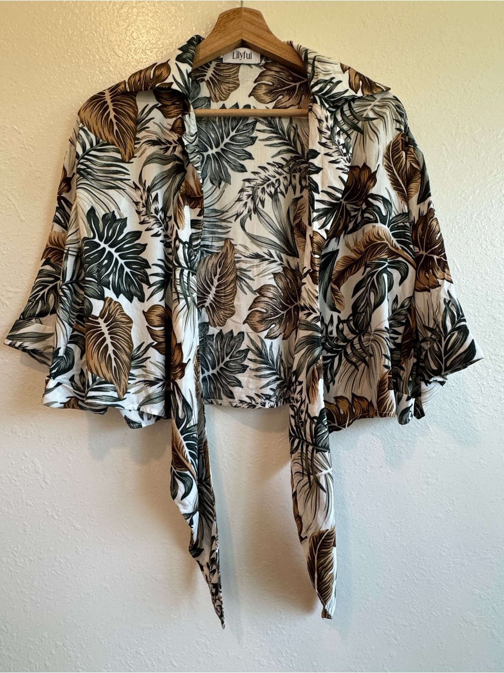 Lilyful Tropical Leaf Tie-Front Top - Cream, Brown, Green | Size S